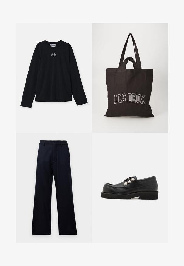 Camiseta de algodón negra de manga larga con cuello redondo y un pequeño logotipo gráfico en el pecho, con un ajuste relajado y corte recto.; Pantalones anchos de cintura alta negros con pasadores de cinturón, botón frontal y cierre de cremallera sobre un fondo blanco liso.; Mocasines de cuero negro con punta redonda, que presentan tres acentos metálicos y una suela texturizada para mayor agarre. Parte superior lisa y detalle de costura.; Bolsa de lona negra con dos asas resistentes, presenta texto blanco que dice "LES DEUX" en el frente, textura suave, forma rectangular.