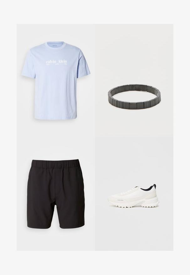 Lyseblå bomuld T-shirt med rund halsudskæring, med hvidt tekstprint "calvin klein new york city" tværs over brystet. Korte ærmer.; Sorte shorts lavet af strækbart stof, med en elastisk talje, sidelommer og et simpelt, rent design. Ingen mønstre eller detaljer.; Hvide sportssko med en glat overdel og polstret krave, der har en distinkt struktureret sål for greb og diskret branding på siden.; Sort elastisk armbånd lavet af segmenterede rektangulære perler. Perlerne har en glat tekstur og en poleret finish, hvilket skaber et ensartet udseende.