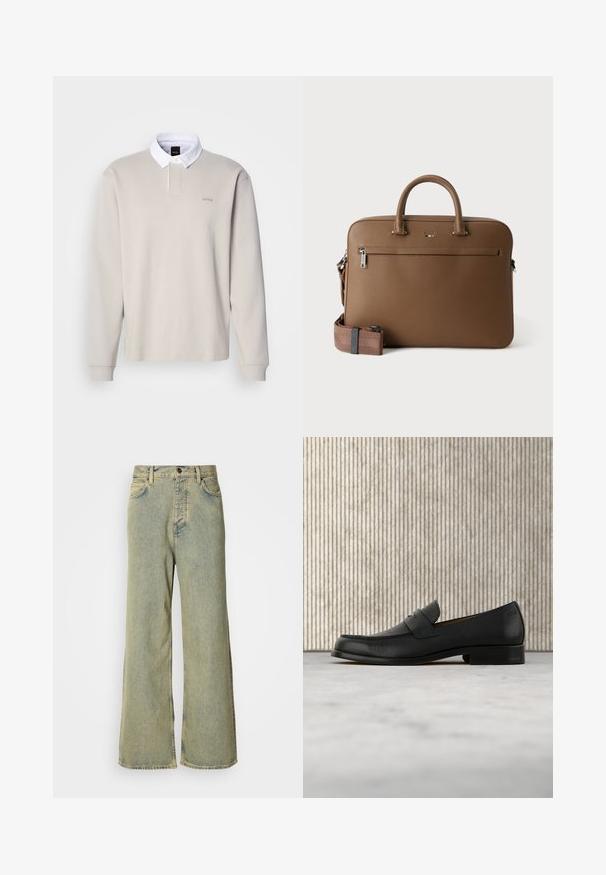 Polo à manches longues beige clair avec un col blanc et une patte de boutonnage, comportant un logo sur la poitrine et des poignets côtelés. Tissu en coton lisse.; Jeans évasés en denim bleu clair, avec une taille haute, un design classique à cinq poches et une fermeture à boutons à l'avant.; Mocassin en cuir noir flottant au-dessus d'un tapis beige avec une table ronde brune brillante en arrière-plan.; Mallette en cuir marron avec poignées supérieures, poche avant zippée et bandoulière assortie amovible sur fond blanc.