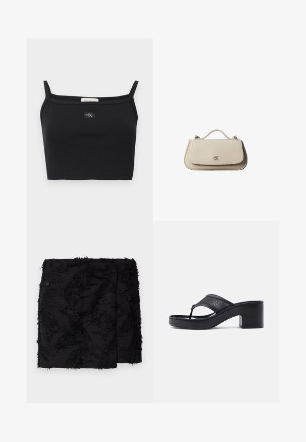 Sort ribstrikket cropped top med tynde stropper og et lille Calvin Klein-logoapplikation midt på brystet.; Sort nederdel med tekstureret stof, der har frynsede detaljer. Firkantet form, over knæ længde og en sideknap detalje.; Sort hælet flip-flop sandal med kraftig hæl og bredt netstofsrem over foden på en ensfarvet lys baggrund.; Lille beige læderhåndtaske med top håndtag og sølv CK-logo på frontklap, vist mod en hvid baggrund.