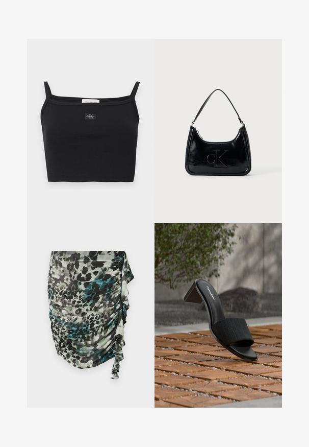 Zwart geribbeld cropped topje met dunne bandjes en een klein Calvin Klein-logo patch in het midden van de borst.; Geroesde, lichte rok in tinten groen, zwart en grijs met een luipaardprintmotief en ruches langs de zijkant.; Zwarte open teen Calvin Klein mule met blokhak op houten tegelvloer, buitenomgeving met vervaagde groenblijvende planten en betonnen achtergrond.; Zwarte gepatenteerde leren handtas met een gebogen bovenhandgreep, ritsafsluiting en reliëf "cK" logo aan de voorkant. Gladde textuur, gestructureerde vorm.