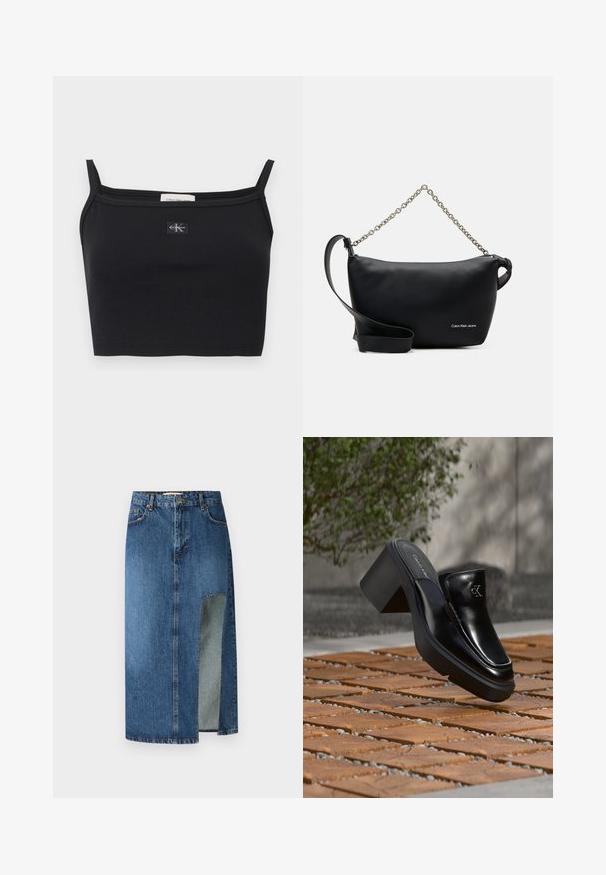 Top corto negro acanalado con tirantes delgados y un pequeño parche con el logo de Calvin Klein centrado en el pecho.; Falda de mezclilla en azul medio con corte recto y abertura lateral. Presenta un diseño clásico de cinco bolsillos y presillas para cinturón, con costuras visibles.; Mule tipo slip-on de cuero negro de Calvin Klein con tacón de bloque descansando sobre baldosas de madera al aire libre cerca de una planta verde y una pared gris.; Calvin Klein Jeans SCULPTED ROUND CHAIN - Bandolera - black