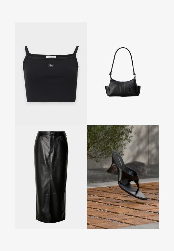 Top corto negro acanalado con tirantes delgados y un pequeño parche con el logo de Calvin Klein centrado en el pecho.; Falda midi de cuero negro con corte recto, abertura frontal y diseño clásico de cinco bolsillos con acentos de hardware metálico.; Sandalia negra de tacón tipo tanga de Calvin Klein flotando sobre una superficie exterior de azulejos, con vegetación y una pared de hormigón al fondo.; Bolso de hombro de cuero negro con correa larga, bolsillos laterales y logo de Calvin Klein en relieve en la parte delantera.