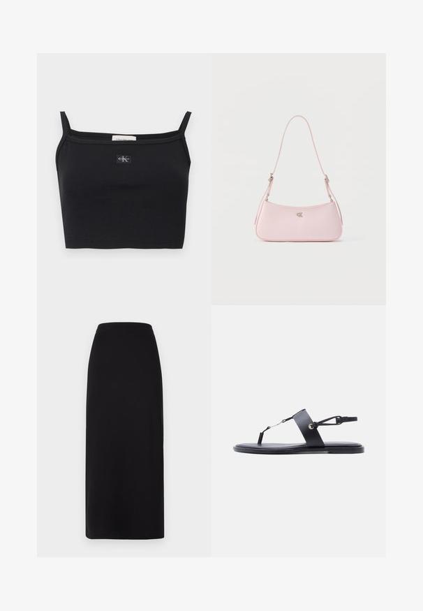 Sort ribstrikket cropped top med tynde stropper og et lille Calvin Klein-logoapplikation midt på brystet.; Sort, ankellang nederdel med en tætsiddende talje. Lavet af blødt, strækbart stof, med en glat tekstur og uden synlige dekorationer.; Sort flad sandal med en tynd tåstrop, bred midtfodsbånd og justerbar ankelrem på hvid baggrund.; Lille skuldertaske i pastelrosa med tynd rem og sølvfarvet "CK" logo centreret på ensfarvet baggrund.
