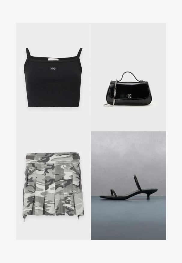Zwart geribbeld cropped topje met dunne bandjes en een klein Calvin Klein-logo patch in het midden van de borst.; Een rok met camouflagepatroon in grijstinten en zwart, met plooien, twee zijzakken en een rits sluiting aan de onderkant.; Zwarte Calvin Klein sandaal met hoge hak en dunne bandjes, in balans op houten tegels buiten, vlakbij een muur en groen.; Zwarte leren handtas met een ketting schouderband, gestructureerde vorm en een zilveren logo-accent. Gladde textuur met een flapsluiting.