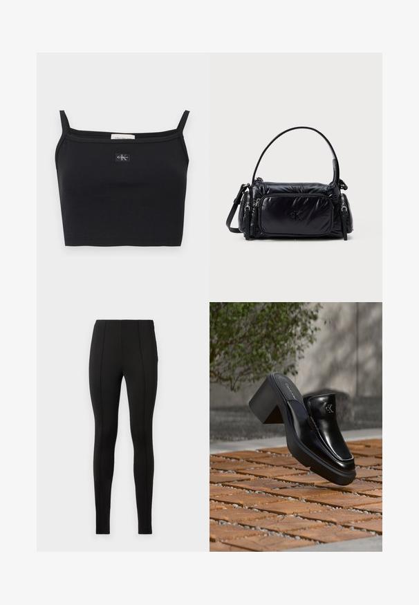 Sort ribstrikket cropped top med tynde stropper og et lille Calvin Klein-logoapplikation midt på brystet.; Sorte leggings lavet af strækbart stof, med en glat tekstur, høj talje og vertikal sømdetaljering langs benene.; Sort læder Calvin Klein slip-on mule med blokhæl, der hviler på trætøj udendørs nær en grøn plante og en grå væg.; Sort nylon håndtaske med et puffet design, rund skulderrem, frontlomme med lynlås og et subtilt logo prentet på forsiden.
