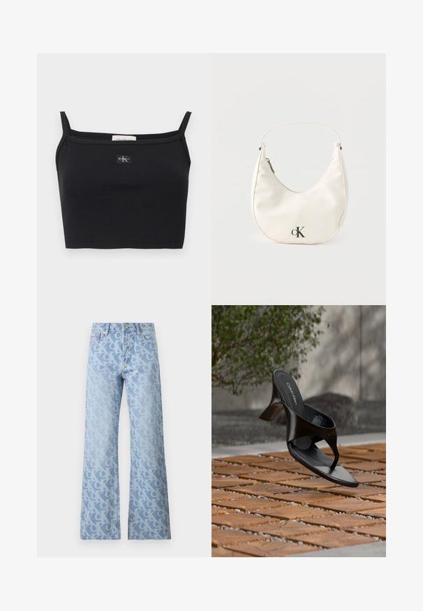 Čierny pruhovaný krátky top s tenkými ramienkami a malou nášivkou s logom Calvin Klein v strede na hrudi.; Svetlomodré džíny s voľnými nohavicami, s celoplošným vzorom prepojených písmen v mierne tmavšej farbe. Klasický dizajn s piatimi vreckami.; Čierna Calvin Klein sandála na podpätku s remienkom, ktorá sa vznáša nad vonkajšou dlažbou s rastlinami a betónovou stenou v pozadí.; Malá biela kabelka v tvare polmesiaca s krátkym remienkom, zapínaním na zips a čiernym logom "cK" na prednej strane.