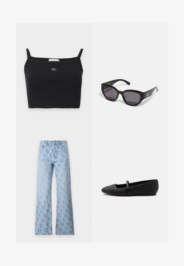 Μαύρο cropped τοπ με ριπ ύφανση και λεπτές τιράντες, με ένα μικρό πατς λογότυπο Calvin Klein στο κέντρο του στήθους.; Ανοιχτό μπλε τζιν παντελόνι με φαρδιές γραμμές, χαρακτηρισμένο από ένα σχέδιο με αλληλοσυνδεόμενα γράμματα σε ελαφρώς πιο σκούρο τόνο. Κλασικός σχεδιασμός με πέντε τσέπες.; Μαύρο επίπεδο παπούτσι με στρογγυλεμένη μύτη, ανάγλυφο γεωμετρικό σχέδιο και μία λεπτή λουρίδα στο πάνω μέρος, εμφανιζόμενο σε πλαϊνή όψη.; Μαύρα γυαλιά ηλίου με κομψό, γωνιακό σχέδιο, σκούρους φακούς και αντίθετο ασημί λογότυπο στο πλάι. Λείος πλαστικός υφή.