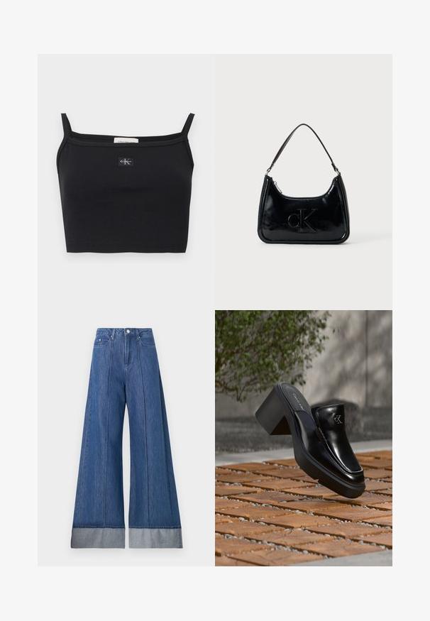 Čierny pruhovaný krátky top s tenkými ramienkami a malou nášivkou s logom Calvin Klein v strede na hrudi.; Džínsy so širokými nohavicami v stredne modrom denime, so zvýšeným pásom, dvoma prednými vreckami a kontrastným svetlejším denimovým lemovaním na spodnej časti.; Čierne kožené šľapky Calvin Klein s blokovým podpätkom, ktoré oddychujú na drevených dlaždiciach vonku blízko zelenej rastliny a šedej steny.; Čierna lakovaná kabelka s oblým horným uchom, zipsovým uzáverom a embosovaným logom "cK" na prednej strane. Hladká textúra, štruktúrovaný tvar.