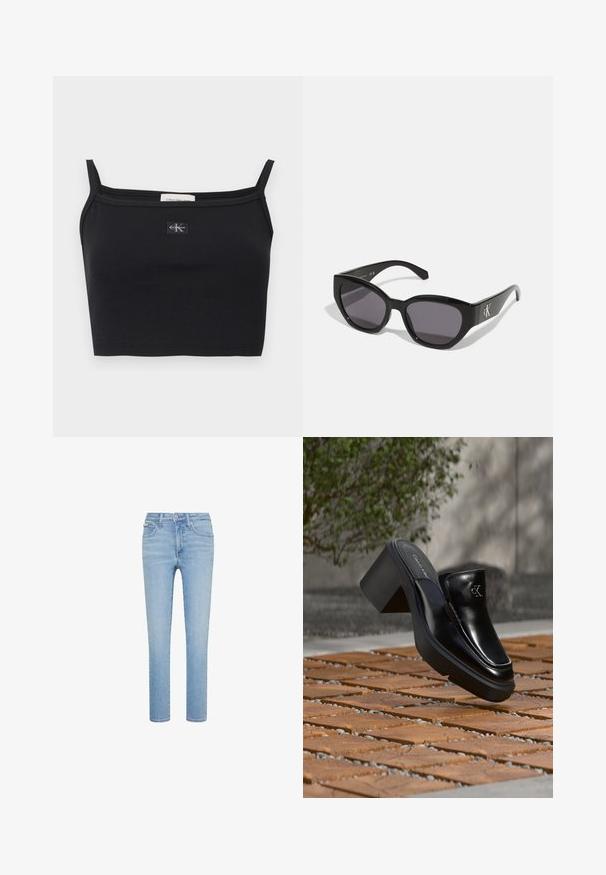 Top corto negro acanalado con tirantes delgados y un pequeño parche con el logo de Calvin Klein centrado en el pecho.; Vaqueros de mezclilla azul claro, corte recto, estilo de cinco bolsillos, con cierre frontal de botón y cremallera, con sutiles detalles de desgaste y costuras.; Mule tipo slip-on de cuero negro de Calvin Klein con tacón de bloque descansando sobre baldosas de madera al aire libre cerca de una planta verde y una pared gris.; Gafas de sol negras con un diseño elegante y angular, lentes oscuros y un logo plateado en contraste en el lateral. Textura de plástico suave.