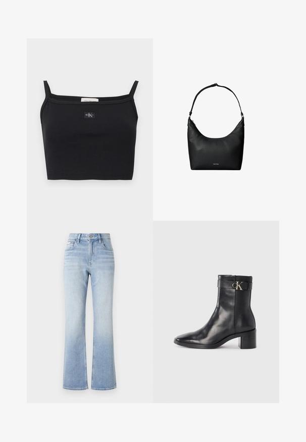 Top corto negro acanalado con tirantes delgados y un pequeño parche con el logo de Calvin Klein centrado en el pecho.; Jeans acampanados de mezclilla azul claro con cintura alta, costuras en contraste, bolsillos frontales y un sutil efecto de desgaste hacia el dobladillo.; Bota de tobillo de cuero negra con punta afilada, tacón cuadrado y una correa con un detalle de logo metálico. Textura suave y diseño minimalista.; Bolso de hombro de cuero negro texturizado con una sola correa y un pequeño logo de Calvin Klein en el centro delantero.