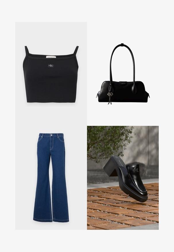 Čierny pruhovaný krátky top s tenkými ramienkami a malou nášivkou s logom Calvin Klein v strede na hrudi.; Tmavomodré rozšírené džínsy vyrobené z denimu. Vlastnosti zahŕňajú pútka na opasok, predné vrecká a kontrastné šitie. Široký otvor nohavíc.; Čierne kožené šľapky Calvin Klein s blokovým podpätkom, ktoré oddychujú na drevených dlaždiciach vonku blízko zelenej rastliny a šedej steny.; Čierna kožená kabelka Calvin Klein s dlhými rúčkami, prednou značkou s logom a strieborným geometrickým príveskom visiaci na jednej rúčke.