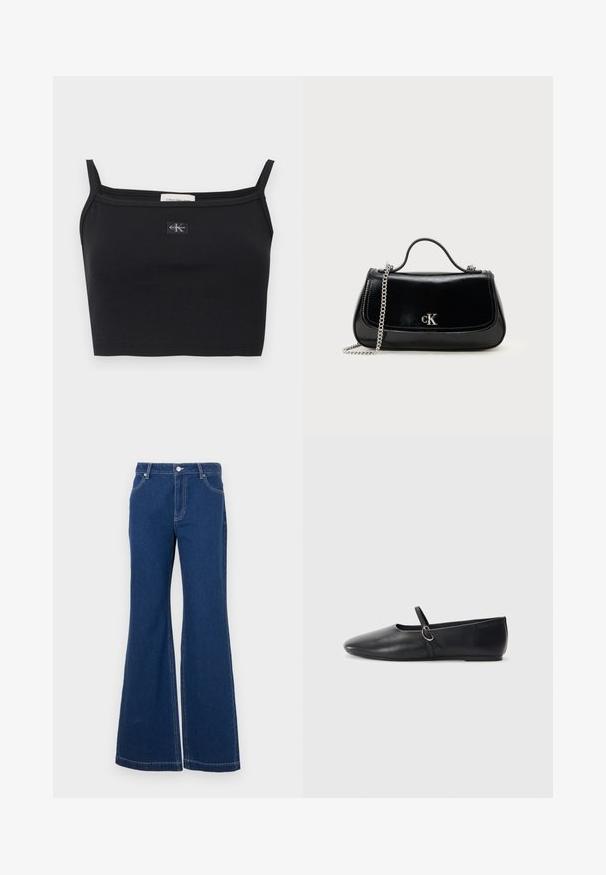 Schwarzes, geripptes Crop-Top mit dünnen Trägern und einem kleinen Calvin Klein Logo-Patch mittig auf der Brust.; Dunkelblaue Schlagjeans aus Denim. Merkmale sind Gürtelschlaufen, Fronttaschen und kontrastierende Nähte. Weite Beinausschnitte.; Schwarze Leder-Ballettschuhe mit spitzem Schuhzeug, flacher Sohle und einem kleinen Riemen mit silberner Schnalle.; Schwarze Lederhandtasche mit einer Kettenriemen, strukturierter Form und einem silbernen Logo-Akzent. Glatte Textur mit einem Klappenverschluss.
