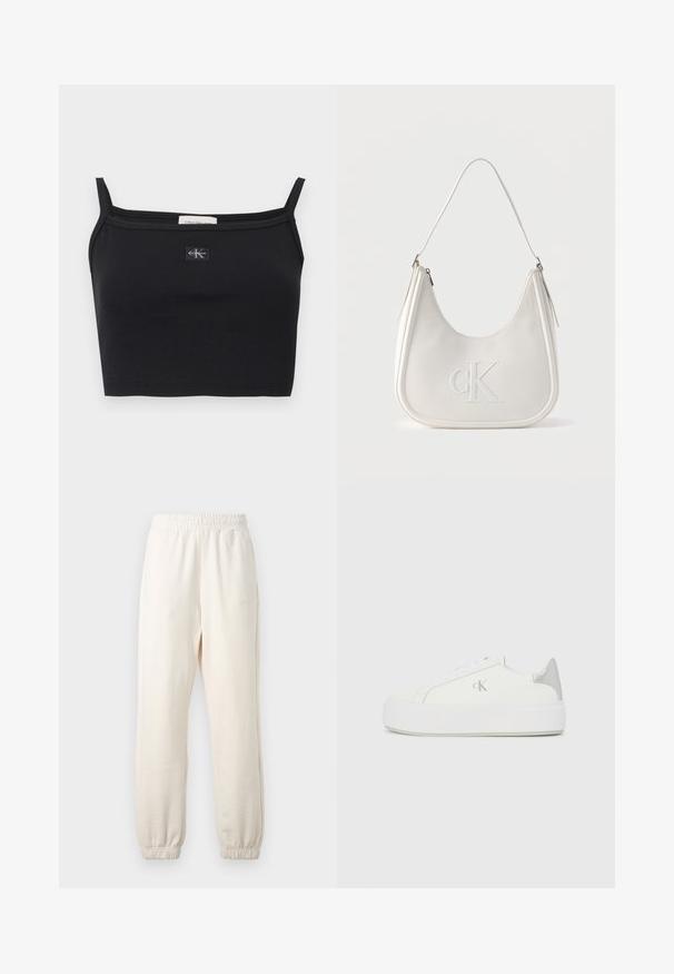 Musta ribbineuloksinen crop-toppi ohuilla olkaimilla ja pienellä Calvin Klein -logopohjallisella rinnassa keskellä.; Kermanväriset verkkarit, joissa joustava vyötärönauha ja resorit lahkeissa, esillä litteänä vaaleaa taustaa vasten.; Valkoiset kangaskengät paksulla valkoisella pohjalla, joissa on metallinhohtoinen hopea korostus kannassa ja hillitty logotaito sivulla.; Valkoinen nahkainen olkalaukku vetoketjulla, kaareva muoto ja etupuolelle kohokuvioitu korotettu CK-logo.
