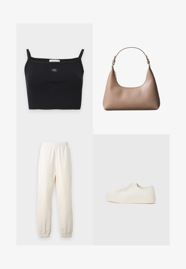 Sort ribstrikket cropped top med tynde stropper og et lille Calvin Klein-logoapplikation midt på brystet.; Kremfarvede joggingbukser med elastisk linning og manchetter, vist fladt mod en lys baggrund.; Sneakers lavet af off-white canvas, med et low-top design, rund tå og flad gummisål med diskrete syninger.; Beige skuldertaske i læder med kort håndtag, buet toplynlås og minimalistisk Calvin Klein-logo foran.