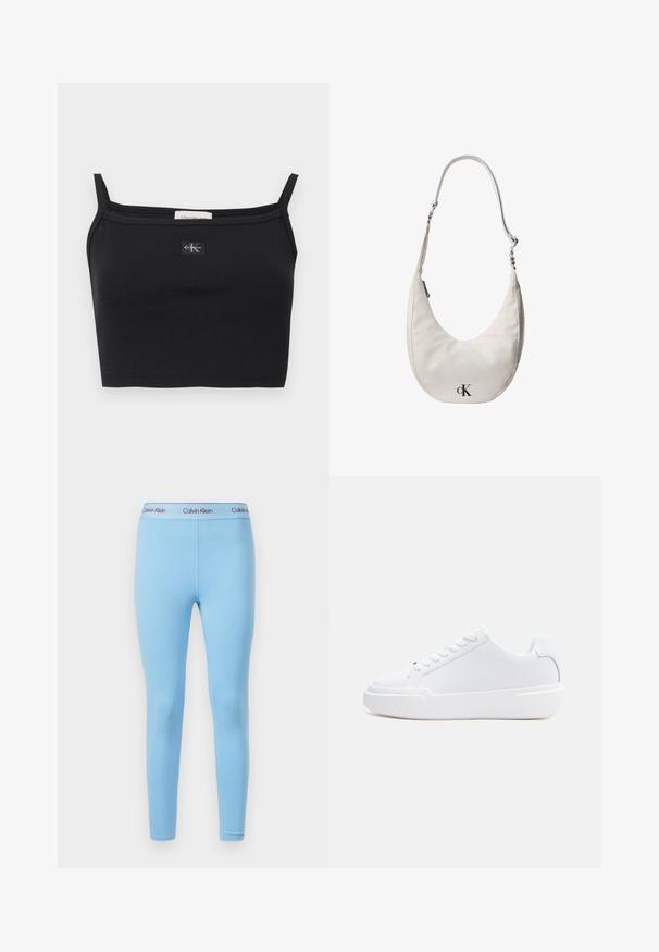 Čierny pruhovaný krátky top s tenkými ramienkami a malou nášivkou s logom Calvin Klein v strede na hrudi.; Modré legíny vyrobené z hladkej, elastickej látky, ktoré majú jednoliatu farbu a pás s logom "Calvin Klein" v kontrastných farbách.; Biely nízky topánok s viazaním na šnúrky, hrubou podrážkou a hladkým zvrškom, zobrazený z vonkajšej strany na jednoduchom svetlom pozadí.; Biely kožený ramenný vak v tvare polmesiaca s nastaviteľným remienkom, zipsovým uzáverom a čiernym logom Calvin Klein na prednej strane.