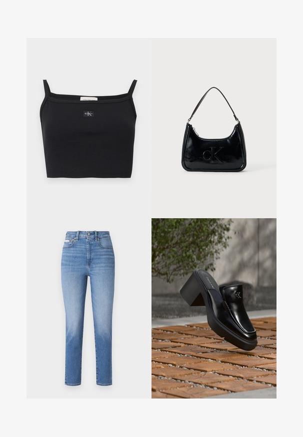 Čierny pruhovaný krátky top s tenkými ramienkami a malou nášivkou s logom Calvin Klein v strede na hrudi.; Svetlomodré džínsy s vysokým pásom, rovnými nohavicami a jemným vyblednutím. Sú vybavené poutkami na opasok, piatimi vreckami a kovovým zapínaním.; Čierne kožené šľapky Calvin Klein s blokovým podpätkom, ktoré oddychujú na drevených dlaždiciach vonku blízko zelenej rastliny a šedej steny.; Čierna lakovaná kabelka s oblým horným uchom, zipsovým uzáverom a embosovaným logom "cK" na prednej strane. Hladká textúra, štruktúrovaný tvar.
