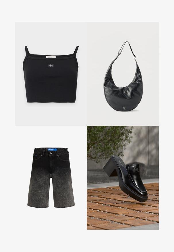 Top corto negro acanalado con tirantes delgados y un pequeño parche con el logo de Calvin Klein centrado en el pecho.; Shorts de mezclilla negra con un desvanecimiento de oscuro a claro. Con un dobladillo deshilachado, dos bolsillos frontales y una etiqueta de marca azul en la cinturilla.; Mule tipo slip-on de cuero negro de Calvin Klein con tacón de bloque descansando sobre baldosas de madera al aire libre cerca de una planta verde y una pared gris.; Bolso de cuero negro en forma de media luna con correa ajustable y logotipo plateado "cK" en el frente, sobre fondo blanco.