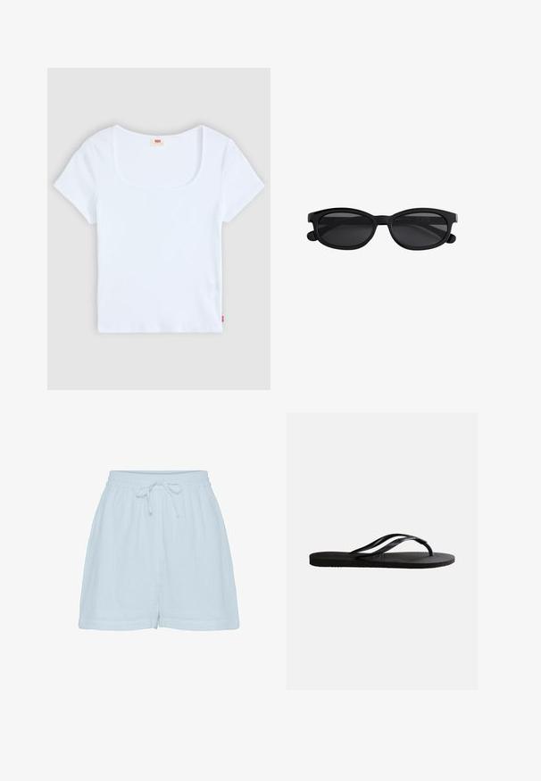 Witte korte mouwtop met een vierkante halslijn, gemaakt van ribbelstructuur stof. Heeft een klein rood logo etiket aan de onderkant aan de linkerkant.; Lichtblauwe katoenen shorts met een relaxte pasvorm, elastische tailleband en verstelbaar trekkoord. Beschikt over een zachte, gestructureerde stof en zijnaad.; Zwarte rubberen teenslipper met een gestructureerd voetbed en dunne Y-vormige bandjes op een effen witte achtergrond.; Zwarte ovale zonnebril met dik kunststof montuur en donker getinte glazen afgebeeld tegen een witte achtergrond.