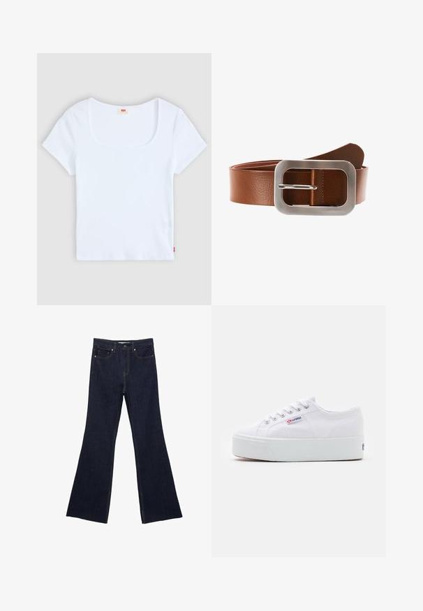 Weiße kurzärmelige Bluse mit quadratischem Ausschnitt, aus geripptem Stoff. Mit einem kleinen roten Logoschild auf der unteren linken Seite.; Dunkelblaue Jeans mit ausgestelltem Bein, ausgestattet mit einem klassischen Fünf-Taschen-Design und sichtbaren Nähten. Der Stoff hat eine glatte Textur mit minimalen Verblassungen.; Weiße Leinenschuhe mit einer dicken weißen Plattformsohle, runder Zehenpartie und Metallösen für die Schnürsenkel. Markenlogo an der Seite angebracht.; Brauner Leder Gürtel mit einer rechteckigen silbernen Metallschnalle, die eine strukturierten Oberfläche und eine glatte, polierte Fläche aufweist.