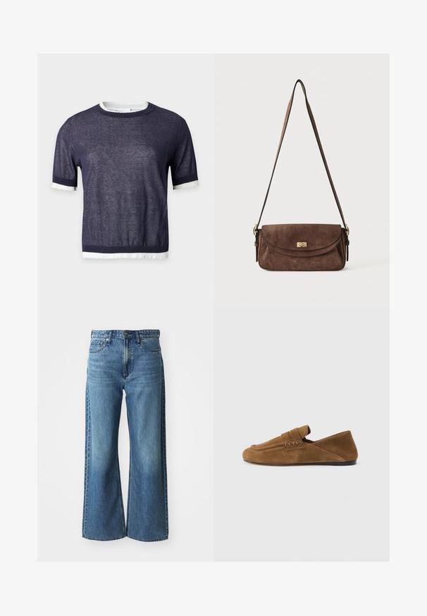 Pull bleu marine à manches courtes avec bordure blanche au col, aux poignets et à l’ourlet, fabriqué dans un tissu tricoté léger et semi-transparent.; Jean en denim bleu à jambes larges avec une taille mi-haute, cinq poches et un léger dégradé. Caractéristiques : passants de ceinture et détails cousus.; Mocassin en daim marron avec une semelle noire plate, des coutures apparentes détaillées et une bride sur le dessus, présenté de profil sur un fond gris clair.; Sac bandoulière en daim marron avec une longue sangle réglable et une fermeture à tour dorée sur le rabat avant.
