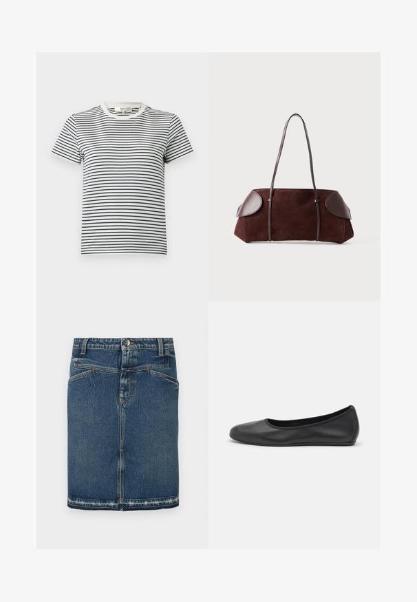 Gestreept T-shirt in wit en marineblauw met korte mouwen en een ronde halslijn. Kenmerkt zich door horizontale strepen van verschillende breedtes. Zacht katoenen materiaal.; Denimrok met een klassieke blauwe wassing, vijfzakkenontwerp en rafelige zoom. Sluit met een knoop en ritssluiting aan de voorkant.; Zwarte leren ballerina met een ronde neus, gladde textuur, minimale stikdetails en een flexibele zoolontwerp.; Bruine suède tas met leren accenten, gestructureerde vorm, dubbele schouderbanden en ronde randen, met een gladde textuur en minimale hardware.
