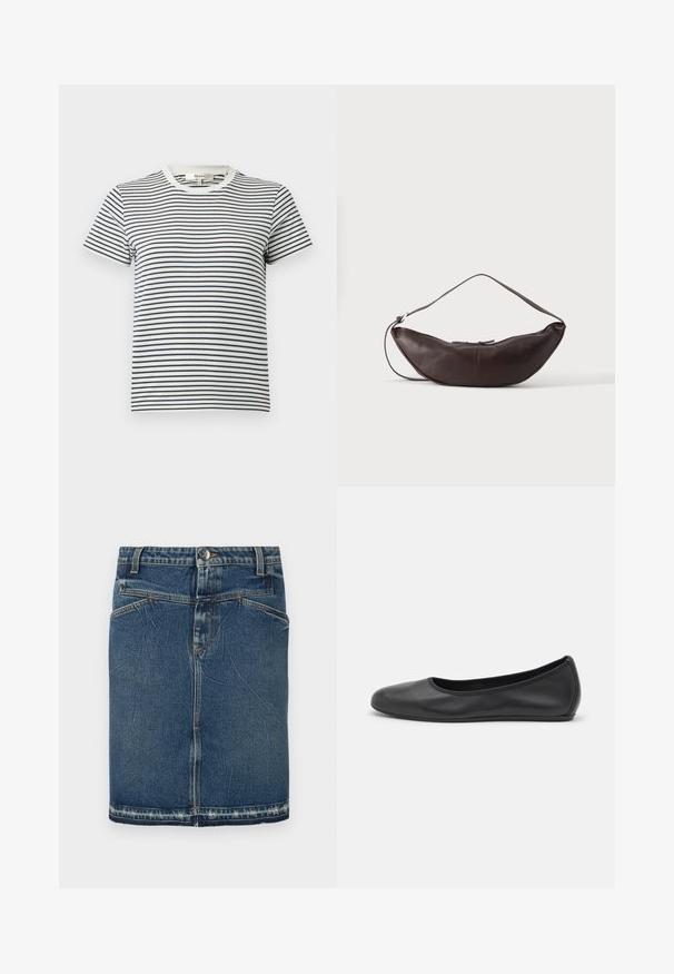 Gestreept T-shirt in wit en marineblauw met korte mouwen en een ronde halslijn. Kenmerkt zich door horizontale strepen van verschillende breedtes. Zacht katoenen materiaal.; Denimrok met een klassieke blauwe wassing, vijfzakkenontwerp en rafelige zoom. Sluit met een knoop en ritssluiting aan de voorkant.; Zwarte leren ballerina met een ronde neus, gladde textuur, minimale stikdetails en een flexibele zoolontwerp.; Donkerbruine leren schoudertas in halve maan vorm met een gebogen band en zichtbare stiksels op een effen achtergrond.