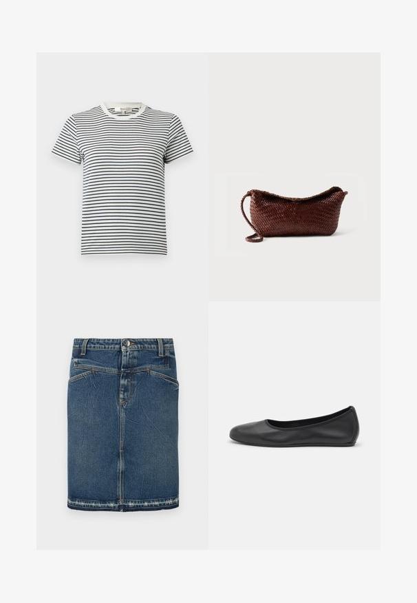 Stribet T-shirt i hvid og marineblå med korte ærmer og rund halsudskæring. Har vandrette striber i forskellige bredder. Blødt bomuldsstof.; Denimnederdel med et klassisk blåt vask, fem-lomme design og frynset kant. Lukker med en frontknap og lynlås.; Sort læderballetsko med rund tå, glat tekstur, minimal syning og et fleksibelt såldesign.; Brun flettet lædertaske med en enkelt rem og buet top mod en ensfarvet hvid baggrund.
