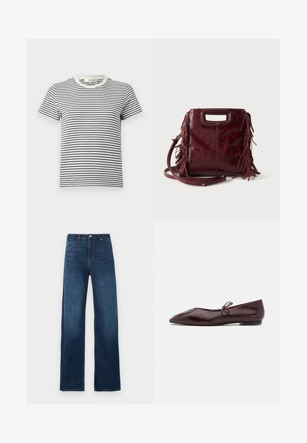 T-shirt rayé en blanc et bleu marine avec des manches courtes et un col rond. Présente des rayures horizontales de différentes largeurs. Matériau en coton doux.; Jean en denim bleu foncé, taille haute, jambes droites et larges, fermeture avant par boutons, fermeture éclair, poches avant et arrière.; Ballerines en cuir verni bordeaux avec un bout pointu et un nœud décoratif violet sur le cou-de-pied ; design à semelle plate.; Sac à main carré en cuir bordeaux avec poignée découpée, détails de franges latérales et bandoulière réglable sur fond uni.