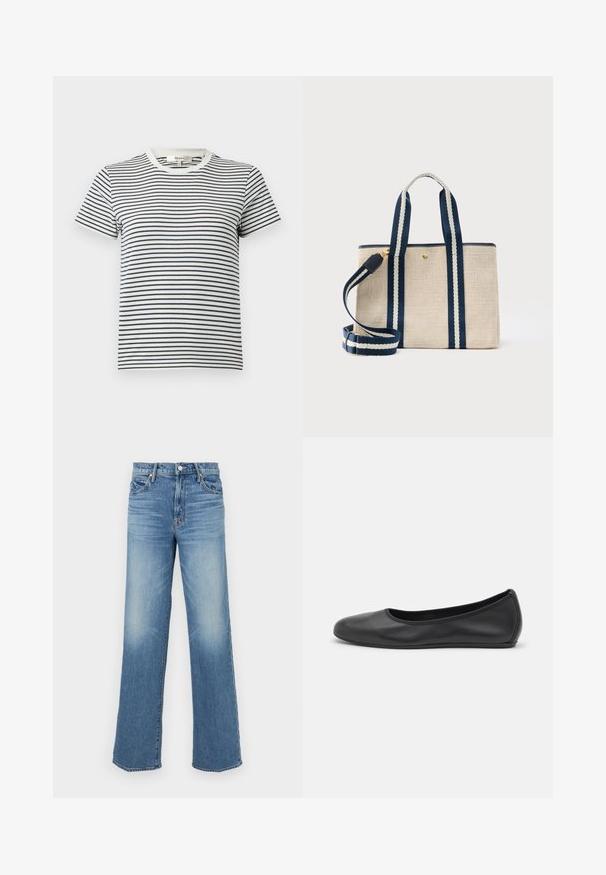Stribet T-shirt i hvid og marineblå med korte ærmer og rund halsudskæring. Har vandrette striber i forskellige bredder. Blødt bomuldsstof.; Mother MID RISE TUNNEL VISION SNEAK SUPERIOR - Jeans Relaxed Fit - blue denim; Sort læderballetsko med rund tå, glat tekstur, minimal syning og et fleksibelt såldesign.; Beige stoftaske med navyblå og hvide stribede håndtag og aftagelig skulderrem, med en lille guldknap som lukning.