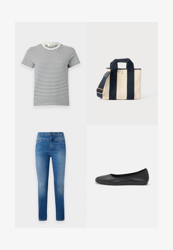 Gestreept T-shirt in wit en marineblauw met korte mouwen en een ronde halslijn. Kenmerkt zich door horizontale strepen van verschillende breedtes. Zacht katoenen materiaal.; Klassieke blauwe denim jeans met een rechte pijp, ontworpen met een middelhoge taille, voorzakken en oranje stiksels.; Zwarte leren ballerina met een ronde neus, gladde textuur, minimale stikdetails en een flexibele zoolontwerp.; Kleine beige canvas draagtas met twee brede zwarte verticale banden, een kort handvat en een verstelbare schouderriem met een gouden gesp.