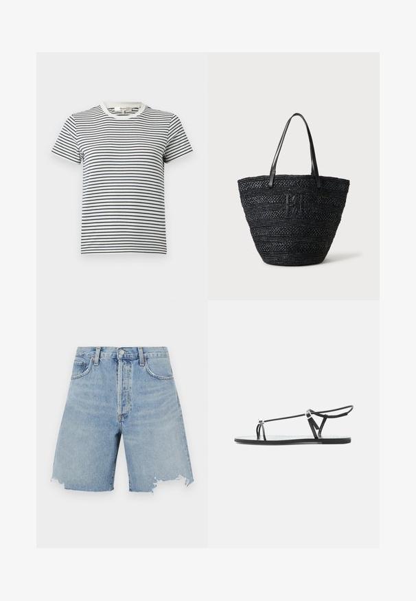 Gestreept T-shirt in wit en marineblauw met korte mouwen en een ronde halslijn. Kenmerkt zich door horizontale strepen van verschillende breedtes. Zacht katoenen materiaal.; Lichtblauwe denim shorts met een hoge taille, voorzien van een rafelrand, twee voorzakken en een klassiek vijf-zakken ontwerp.; Zwarte platte sandaal met dunne bandjes, een teenlus en een verstelbare enkelgesp op een lichtgrijze achtergrond.; Zwart geweven tote tas met twee dunne leren handvatten en een subtiel gevlochten logo aan de voorkant, staand tegen een lichte achtergrond.