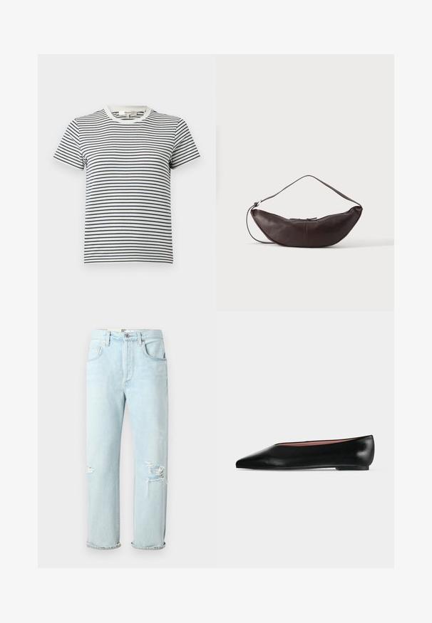 Camiseta a rayas en blanco y azul marino con mangas cortas y escote redondo. Presenta rayas horizontales de diferentes anchos. Material de algodón suave.; Vaqueros de mezclilla azul claro con un corte relajado, que presentan desgastes y rasgaduras en la parte delantera, dobladillos enrollados y un diseño clásico de cinco bolsillos.; Zapato plano negro de cuero para mujer con punta puntiaguda y tacón bajo, mostrado de lado sobre un fondo liso gris claro.; Bolso de hombro de cuero marrón oscuro en forma de media luna con una correa curva y costuras visibles sobre un fondo liso.