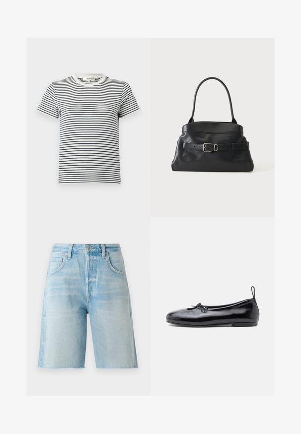 T-shirt rayé en blanc et bleu marine avec des manches courtes et un col rond. Présente des rayures horizontales de différentes largeurs. Matériau en coton doux.; Shorts en denim bleu clair à taille haute, cinq poches et ourlet brut. Texture douce et coupe classique, adaptés pour une tenue décontractée.; Ballerine en cuir verni noir avec un bout rond, un petit nœud décoratif et une texture lisse ; présente une semelle plate basse et une languette au talon.; Sac à main en cuir noir avec une seule bandoulière et une ceinture décorative avec une boucle argentée sur le devant.