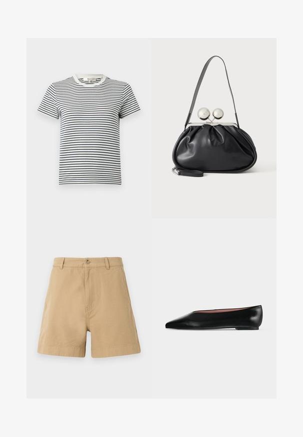 Gestreept T-shirt in wit en marineblauw met korte mouwen en een ronde halslijn. Kenmerkt zich door horizontale strepen van verschillende breedtes. Zacht katoenen materiaal.; Beige katoenen shorts met een klassiek ontwerp, voorzien van een sluiting met een voorknop en riemlussen. Glad van textuur met zijzakken.; Zwarte leren damesschoen met platte zool, puntige neus en lage hak, zijwaarts afgebeeld tegen een effen lichtgrijze achtergrond.; Zwarte leren handtas met een geplooid ontwerp, een enkele schouderband, zilverkleurige metalen omlijsting en twee grote ronde zilveren sluitingen.