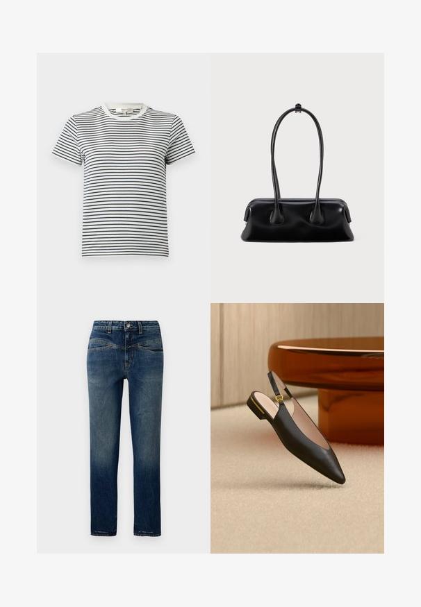 Gestreept T-shirt in wit en marineblauw met korte mouwen en een ronde halslijn. Kenmerkt zich door horizontale strepen van verschillende breedtes. Zacht katoenen materiaal.; Donkerblauwe denim jeans met een rechte snit, voorzien van lichte vervaging, oranje stiksels en een knoopsluiting in de taille.; Zwart platte slingback schoen met puntige neus, gouden gesp en lage hak, geplaatst op een beige tapijt vlak bij een ronde bruine tafel.; Zwarte leren handtas met twee lange handvatten, een gladde textuur en een ronde bodem met decoratieve accenten aan de zijkanten.