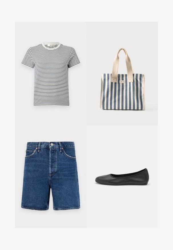 Gestreiftes T-Shirt in Weiß und Marineblau mit kurzen Ärmeln und rundem Halsauschnitt. Mit horizontalen Streifen in unterschiedlicher Breite. Aus weichem Baumwollmaterial.; Dunkelblaue Denim-Shorts im klassischen Schnitt, ausgestattet mit fünf Taschen, einem Knopfverschluss und kontrastierenden orangen Nähten.; Schwarze Leder-Ballettschuhe mit abgerundeter Spitze, glatter Textur, minimalen Nähdetails und einem flexiblen Sohlen-Design.; Blau-weiß vertikal gestreifte Canvas-Tasche mit beigen Griffen und einem kleinen Etikett vorne.