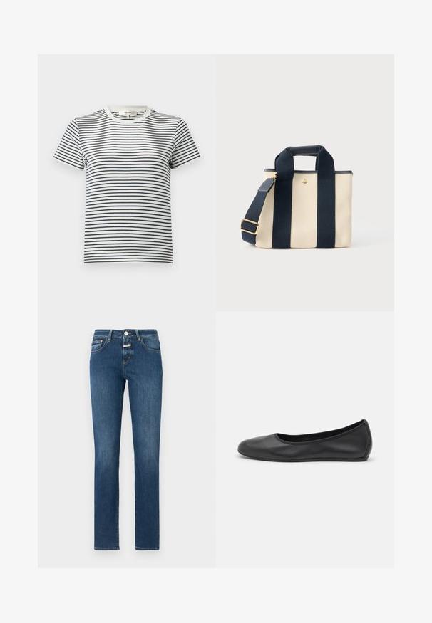 Gestreiftes T-Shirt in Weiß und Marineblau mit kurzen Ärmeln und rundem Halsauschnitt. Mit horizontalen Streifen in unterschiedlicher Breite. Aus weichem Baumwollmaterial.; Dunkelblaue Jeans aus Denim mit geradem Bein, klassischem Fünf-Taschen-Design und einem Reißverschluss mit Knopfverschluss. Abgenutzte Details im Stoff.; Schwarze Leder-Ballettschuhe mit abgerundeter Spitze, glatter Textur, minimalen Nähdetails und einem flexiblen Sohlen-Design.; Kleine beige Canvas-Shopper-Tasche mit zwei breiten schwarzen vertikalen Trägern, kurzem Griff und verstellbarem Schultergurt mit goldener Schnalle.