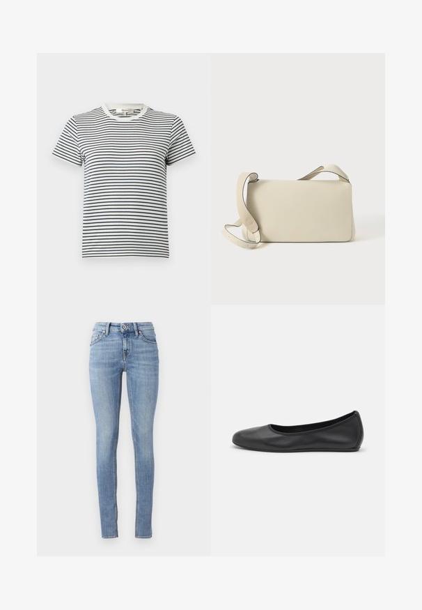 Stribet T-shirt i hvid og marineblå med korte ærmer og rund halsudskæring. Har vandrette striber i forskellige bredder. Blødt bomuldsstof.; Lyseblå stramme jeans lavet af denim, med en standard linning, fem lommer og kontrastsyninger langs sømmene.; Sort læderballetsko med rund tå, glat tekstur, minimal syning og et fleksibelt såldesign.; Cremefarvet læder skuldertaske med justerbar rem og klaplukning, sat mod en ensfarvet hvid baggrund.