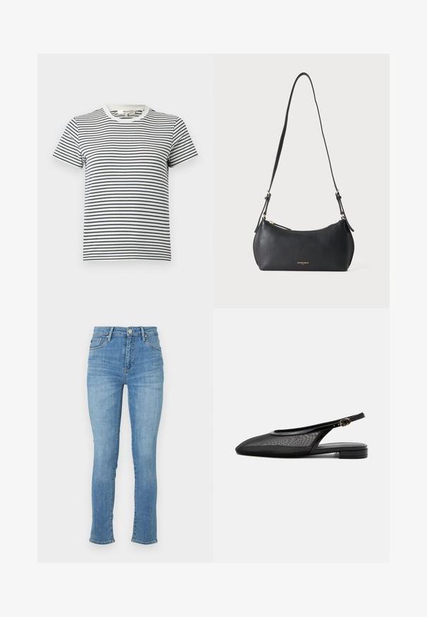 Gestreept T-shirt in wit en marineblauw met korte mouwen en een ronde halslijn. Kenmerkt zich door horizontale strepen van verschillende breedtes. Zacht katoenen materiaal.; Lichtblauwe denimjeans met een slanke pasvorm, middelhoog taille, vijf pockets design en subtiele vervaging op de dijen, voorzien van gestikte accenten.; Zwarte slingback platte schoen met puntige neus, mesh bovenwerk, verstelbare gespsluiting en lage gestapelde hak op witte achtergrond.; Kleine zwarte leren schoudertas met verstelbare band en gouden rits, met subtiele gouden merktekst aan de voorkant.