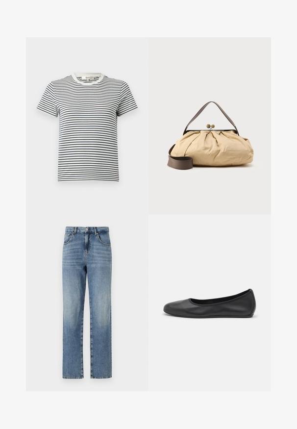 Gestreiftes T-Shirt in Weiß und Marineblau mit kurzen Ärmeln und rundem Halsauschnitt. Mit horizontalen Streifen in unterschiedlicher Breite. Aus weichem Baumwollmaterial.; Hellblaue Jeans aus Denim mit geradem Bein, fünf Taschen, Knopf- und Reißverschluss und minimaler Ausbleichung des Stoffes.; Schwarze Leder-Ballettschuhe mit abgerundeter Spitze, glatter Textur, minimalen Nähdetails und einem flexiblen Sohlen-Design.; Beige Stofftasche mit gerafftem Design, braunem Ledergriff und zwei runden metallischen Verschlüssen oben. Verstellbarer brauner Riemen inklusive.