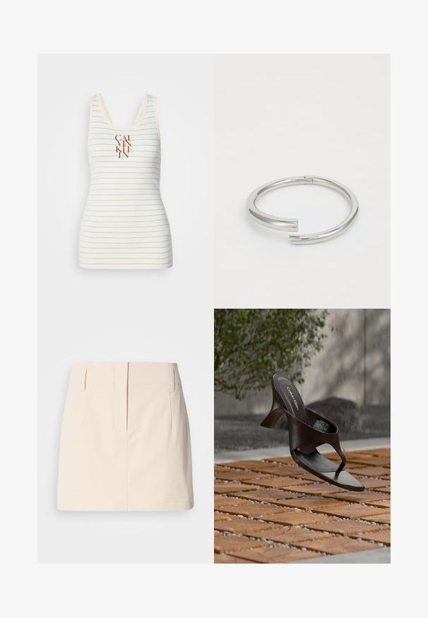 Ærmeløs tanktop lavet af cremefarvet stof med blå vandrette striber og et centreret brunt "CALVIN KLEIN" logo. Glat tekstur.; Calvin Klein Jeans SKIRT - A-snit nederdel - fog; Brun Calvin Klein hælet thong sandal svævende over træflise og grus udendørs med sløret grønt og stenmur i baggrunden.; Calvin Klein SPIRAL - Armbånd - silver-coloured