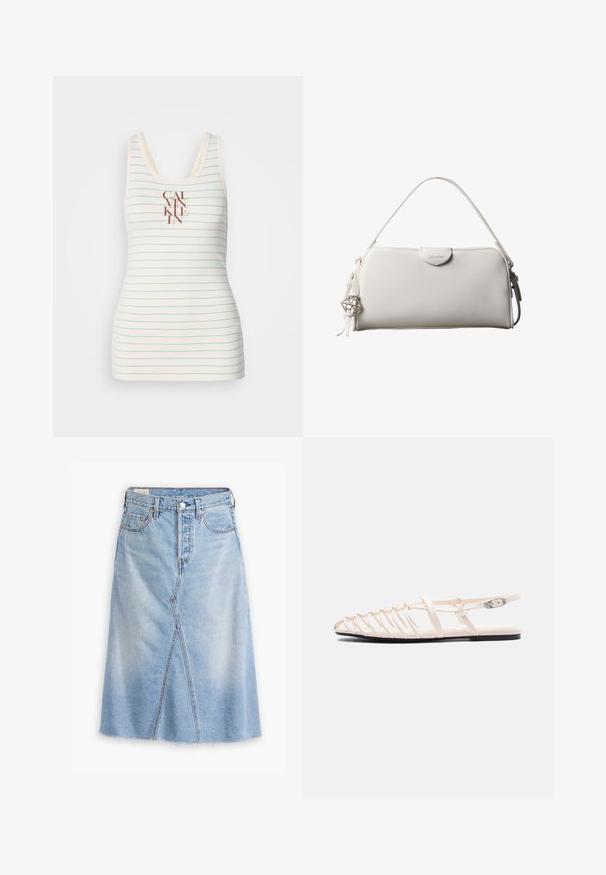 Ærmeløs tanktop lavet af cremefarvet stof med blå vandrette striber og et centreret brunt "CALVIN KLEIN" logo. Glat tekstur.; Lysblå denimnederdel med lige snit, frontspalte, filt kant, fem lommer og metalhardwaredetaljer.; Flad beige sandal med flere tynde remme, ankelspænde og en sort sål vist fra siden på en hvid baggrund.; Hvid rektangulær Calvin Klein håndtaske med enkelt håndtag, minimalistisk design og dekorative kvaster med geometrisk metalvedhæng på siden.