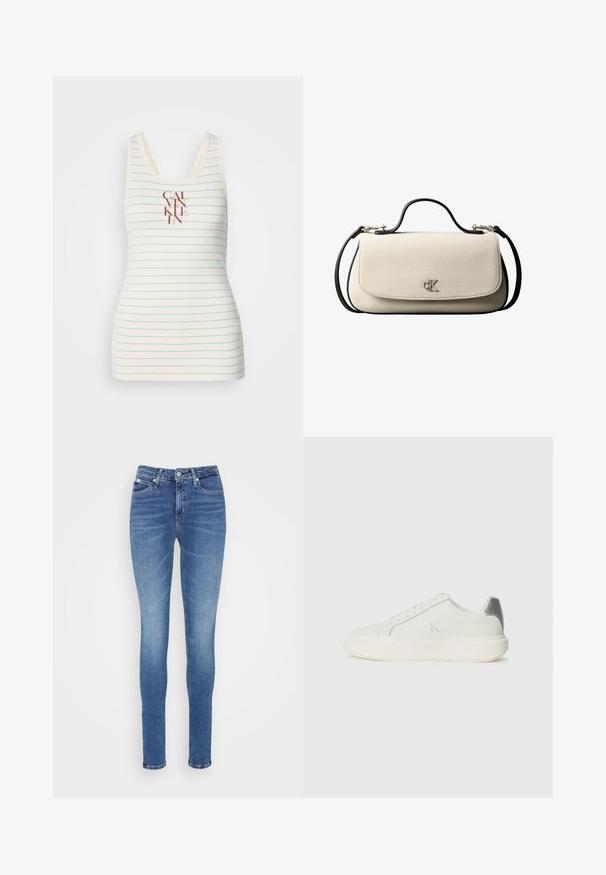 Mouwloos tanktop gemaakt van crèmekleurige stof met blauwe horizontale strepen en een gecentreerd bruin "CALVIN KLEIN" logo. Soepele textuur.; Skinny jeans in mediumblauwe denim, met een hoge taille, zachte textuur, twee voorzakken en één achterzak.; Witte sneaker van leer met een gladde textuur, featuring een zilveren accent op de hiel, een platte zool en een minimalistisch ontwerp.; Crèmekleurige rechthoekige handtas met zwarte riem en handvat, voorflapsluiting en een klein zilverkleurig "cK"-logo in het midden van de voorkant.
