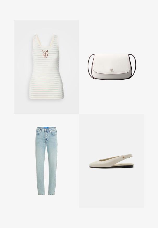 Ærmeløs tanktop lavet af cremefarvet stof med blå vandrette striber og et centreret brunt "CALVIN KLEIN" logo. Glat tekstur.; Lysblå denimjeans med lige pasform, fem lommer og knaplukning. Har slidte områder og forstærket syning ved sømmene.; Flatsko i cremefarvet læder med rundet tå og lille guldemblem på remmen.; Hvid skuldertaske med klaplukning, lille sølv "cK" logo i midten og tynd, justerbar, mørkebrun rem.