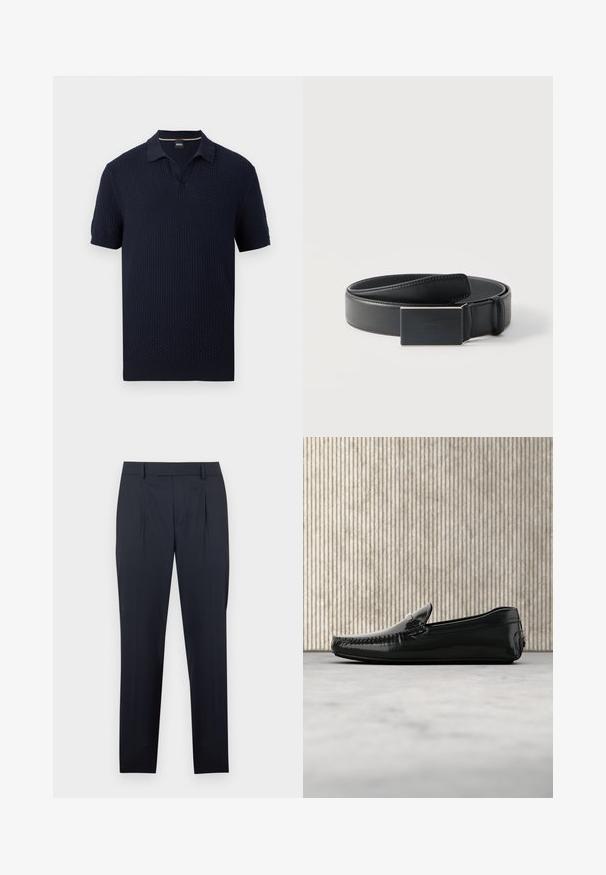 Polo à manches courtes texturé bleu marine avec col ouvert et poignets et ourlet côtelés, étiqueté BOSS.; Pantalon bleu marine foncé avec une coupe ajustée, comprenant des plis à l'avant, des passants pour ceinture et une silhouette à jambe droite. Texture lisse et coupe classique.; Mocassins en cuir noir avec une finition brillante, bout rond et quincaillerie décorative à l'avant. Semelle en caoutchouc à profil bas. Texture lisse.; Ceinture en cuir noir enroulée avec une boucle noire mate rectangulaire et un logo embossé discret sur fond blanc.