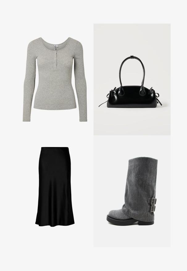 Haut à manches longues gris clair côtelé avec encolure ronde et patte de boutonnage à quatre boutons, silhouette ajustée et tissu tricoté doux.; Jupe midi en satin noir au toucher lisse, avec un ourlet évasé et une taille ajustée, arborant un design simple et classique.; Botte grise molle mi-mollet avec semelle noire et deux boucles latérales ajustables, vue de profil sur fond blanc.; Petit sac à main noir brillant avec deux longues anses et des détails à cordon sur les côtés sur un fond clair uni.