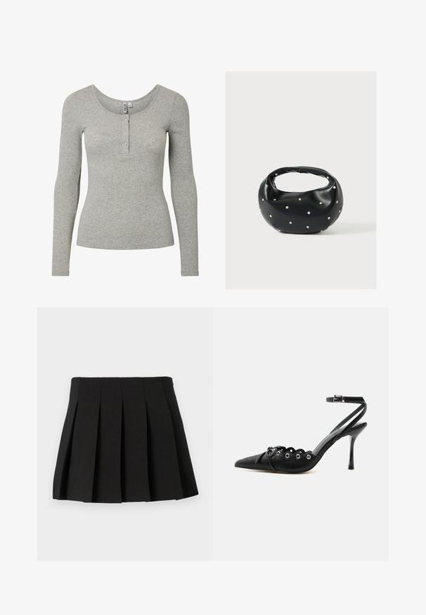 Top de manga larga en gris claro con textura acanalada, escote redondo y tapeta con cuatro botones, silueta ajustada y tejido de punto suave.; Mini falda negra con diseño estructurado, hecha de una tela suave. Cuenta con una cinturilla y pliegues verticales espaciados uniformemente.; Zapato de tacón alto negro con punta fina, bordes ondulados, ojales metálicos, cordones delanteros y una correa en el tobillo con cierre de hebilla.; Bolso de mano de cuero negro con forma redondeada, decorado con detalles de tachuelas plateadas y un asa corta. Textura lisa y cierre con cremallera.