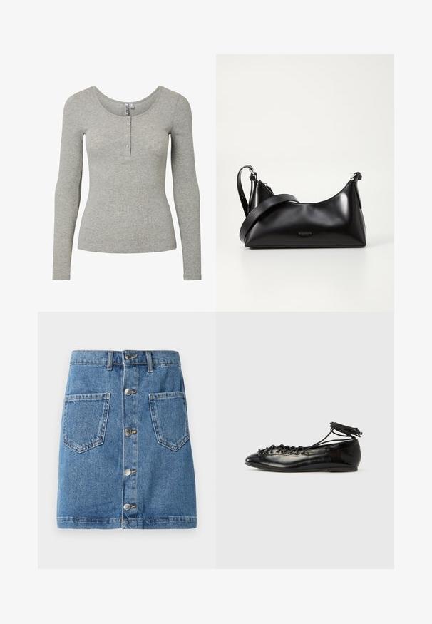 Hellgraues, geripptes Langarmoberteil mit Rundhalsausschnitt und vier Knöpfen, figurbetonte Silhouette und weichem Strickstoff.; Denimrock in einem hellblauen Farbton, mit einer Frontknopfverschluss, zwei aufgesetzten Taschen und einem geraden Schnitt. Der Stoff hat eine klassische Textur.; Schwarze Ballerinas aus Lackleder mit runder Spitze, Schnürdesign und flacher Sohle. Glatte Textur mit minimaler Verzierung.; Schwarze lederne Handtasche mit glatter Textur. Verfügt über einen verstellbaren Riemen und ein elegantes, minimalistisches Design mit einem Reißverschluss.