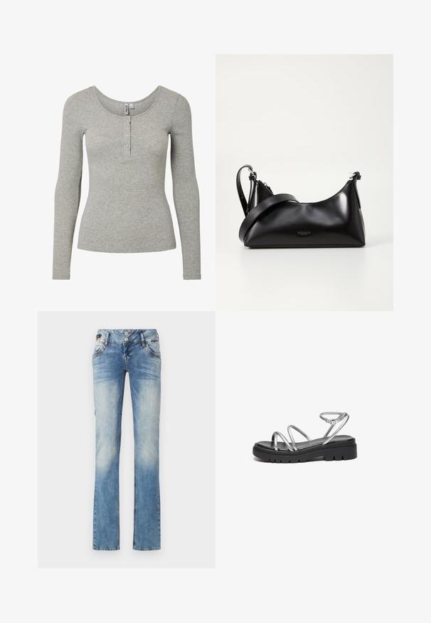 Lysegrå ribbet langærmet top med rund halsudskæring og fire-knaps lukning, tætsiddende silhuet og blødt strikket stof.; Lyseblå denimjeans med lige ben-design, der har en fem-knaps lukning, forlommer og subtile falme-detaljer.; Metallisk sølvfarvet sandal med flere tynde remme og en chunky sort sål, udstyret med en justerbar ankelrem.; Sort læderhåndtaske med en glat tekstur. Har en justerbar stropp og et enkelt, minimalistisk design med lynlås.